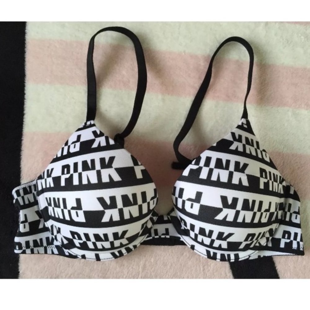 VS Pink Black White Logo Push Up Bra